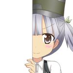  black_eyes eyebrows_visible_through_hair hair_ribbon hat kantai_collection looking_at_viewer nagineko ooshio_(kantai_collection) peeking_out ribbon school_uniform silver_hair smile solo suspenders transparent_background 