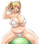  arms_behind_head arms_up ball belly bikini blonde_hair breasts cleavage exercise_ball front-tie_bikini front-tie_top hands_clasped headphones highres huge_breasts jewelry kloah necklace nitroplus open_mouth own_hands_together pendant plump red_eyes short_hair sideboob sitting skindentation smile solo spread_legs star super_pochaco swimsuit thighs twintails underboob white_background white_bikini 