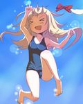  &gt;_&lt; :d bad_id bad_pixiv_id barefoot blonde_hair bow clenched_hand closed_eyes collarbone day jumping kume_(helical_drop) lens_flare long_hair one-piece_swimsuit open_mouth outdoors school_swimsuit smile solo swimsuit toes toshinou_kyouko xd yuru_yuri 