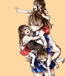  akagi_(kantai_collection) armor brown_eyes brown_hair carrying carrying_under_arm commentary_request highres japanese_clothes kaga_(kantai_collection) kantai_collection multiple_girls multiple_persona muneate open_mouth sandals shoulder_carry shuu-0208 side_ponytail thighhighs yellow_eyes younger 