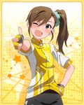  ;d artist_request bike_jersey bike_shorts brown_eyes brown_hair fingerless_gloves futami_mami gloves idolmaster idolmaster_(classic) idolmaster_million_live! official_art one_eye_closed open_mouth pointing pointing_at_viewer side_ponytail smile solo yellow_background 