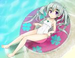  :o alternate_hairstyle barefoot chaika_trabant covered_navel eyebrows hitsugi_no_chaika innertube long_hair one-piece_swimsuit purple_eyes silver_hair swimsuit to_kichiro twintails white_swimsuit 