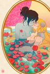  adventure_time alternate_hairstyle bathing bathtub black_hair blonde_hair breasts closed_eyes fionna_the_human_girl flower frame genderswap genderswap_(mtf) hair_down hair_flower hair_ornament hair_up hand_on_another's_shoulder hiyori_chisha imminent_kiss long_hair marceline_abadeer medium_breasts multiple_girls petals red_flower red_rose rose rose_petals signature touching very_long_hair yuri 