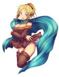  blonde_hair blue_eyes brown_legwear cape crossed_arms final_fantasy final_fantasy_tactics kara_(color) open_mouth panties pantyshot ponytail purple_panties short_hair simple_background solo thighhighs underwear valmafra_lenande white_background wind wind_lift 