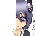  black_hair eyepatch headgear kantai_collection looking_at_viewer nagineko peeking_out school_uniform short_hair solo tenryuu_(kantai_collection) translated transparent_background triangle_mouth you're_doing_it_wrong 