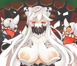  ahoge areolae bare_shoulders breast_suppress breasts covered_mouth dress horns kantai_collection large_areolae large_breasts long_hair looking_at_viewer midway_hime nipples no_bra pale_skin red_eyes sakurama_haruomi shinkaisei-kan solo teeth tongue upper_body white_dress white_hair 