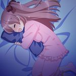 1girl azumi_risa barefoot bed blush chibi eyes_closed pajamas pillow pink_hair sono_hanabira_ni_kuchizuke_wo 