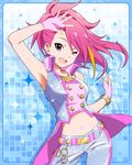  ;d artist_request bracelet contrapposto crop_top fingerless_gloves gloves idolmaster idolmaster_million_live! jewelry looking_at_viewer maihama_ayumu million_dreams multicolored_hair navel necklace official_art one_eye_closed open_mouth pink_eyes pink_hair smile solo standing streaked_hair 