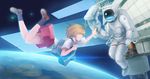  abubu blonde_hair blue_eyes commentary_request earth highres orbit original school_uniform short_hair space spacesuit 