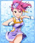  artist_request earrings gloves hat idolmaster idolmaster_million_live! jewelry looking_at_viewer maihama_ayumu multicolored_hair necktie official_art pink_eyes pink_hair running skirt solo streaked_hair 