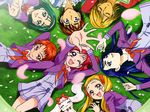  5girls akimoto_komachi blonde_hair blue_eyes blue_hair brown_hair circle_formation coco_(yes!_precure_5) green_eyes green_hair kasugano_urara_(yes!_precure_5) kawamura_toshie kokoda_kouji long_hair lying milk_(yes!_precure_5) minazuki_karen multiple_boys multiple_girls natsuki_rin natts_(yes!_precure_5) nuts_(yes!_precure_5) official_art on_back on_side open_mouth pink_hair precure purple_eyes red_eyes red_hair school_uniform short_hair smile twintails yellow_eyes yes!_precure_5 yumehara_nozomi 