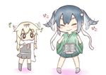  bad_id bad_pixiv_id black_skirt blonde_hair blue_hair chibi closed_eyes commentary expressive_hair green_skirt headband jako_(jakoo21) japanese_clothes kantai_collection long_sleeves multiple_girls pleated_skirt remodel_(kantai_collection) scarf skirt souryuu_(kantai_collection) twintails white_scarf wide_sleeves yuudachi_(kantai_collection) 