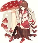  :d beret black_legwear borrowed_character boyano brown_eyes brown_hair fly_agaric hat long_hair looking_at_viewer mushroom open_mouth original pleated_skirt school_uniform serafuku shoes sitting sitting_on_tree_stump skirt smile solo thighhighs tree_stump zettai_ryouiki 