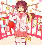  :q boyano brown_eyes brown_hair casual checkerboard_cookie cookie food hand_in_pocket holding jam_cookie long_hair looking_at_viewer mobile original pleated_skirt ponytail skirt solo striped striped_legwear thighhighs tongue tongue_out zettai_ryouiki 