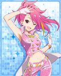  ;d artist_request bracelet contrapposto crop_top fingerless_gloves gloves idolmaster idolmaster_million_live! jewelry looking_at_viewer maihama_ayumu million_dreams multicolored_hair navel necklace official_art one_eye_closed open_mouth pink_eyes pink_hair smile standing streaked_hair 