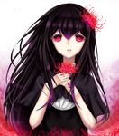  akemi_homura bad_id bad_pixiv_id black_hair dress flower funeral_dress hair_flower hair_ornament hairband hands_on_own_chest highres long_hair looking_at_viewer mahou_shoujo_madoka_magica mahou_shoujo_madoka_magica_movie nail_polish open_mouth red_eyes sheya simple_background solo spider_lily spoilers white_background 