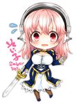  artoria_pendragon_(all) blush breasts chibi cleavage cosplay fate/stay_night fate_(series) headphones large_breasts long_hair nitroplus open_mouth pink_eyes pink_hair ryokuya saber saber_(cosplay) solo super_sonico sword weapon 
