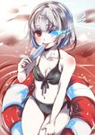  bikini black_bikini dark_persona female_abyssal_admiral_(kantai_collection) food heterochromia innertube kantai_collection mataichi_mataro narumi_tsuyu navel popsicle red_eyes shinkaisei-kan short_hair side-tie_bikini sitting solo swimsuit 