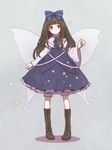  aoyagi_neko black_hair blue_dress boots bow capelet cross-laced_footwear dress fairy_wings grey_eyes hair_bow knee_boots long_hair long_sleeves pigeon-toed shirt smile solo star star_sapphire touhou very_long_hair wide_sleeves wings 