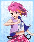  :d artist_request camouflage camouflage_pants clothes_writing idolmaster idolmaster_million_live! maihama_ayumu midriff multicolored_hair navel official_art open_mouth pants pink_eyes pink_hair ponytail smile streaked_hair v-shaped_eyebrows vest 