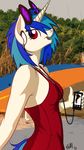  2013 anthro breasts clothed clothing equine eyewear female friendship_is_magic glasses hobbsmeerkat horn horse mammal my_little_pony outside red_eyes solo swimsuit unicorn vinyl_scratch_(mlp) 