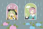  chii-kun_(seedyoulater) chin_rest cup eyeball flower from_outside green_eyes green_hair hairband hat hat_ribbon heart highres hydrangea komeiji_koishi komeiji_satori multiple_girls pink_eyes pink_hair rain ribbon short_hair siblings sisters teacup teruterubouzu third_eye touhou window 