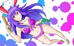  animal_ears bikini breasts bunny_ears cleavage frilled_bikini frills inkblot ishimu large_breasts licking_lips long_hair navel pink_bikini pink_eyes platform_footwear purple_hair reisen_udongein_inaba sandals solo swimsuit tongue tongue_out touhou very_long_hair water_gun 