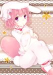  ajiriko animal_ears bad_id bad_pixiv_id banned_artist bunny_ears bunny_tail hat holding looking_at_viewer original pajamas pillow pink_hair purple_eyes short_hair sitting smile solo tail 