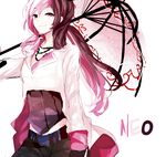  aki_(a2006p1074) belt black_gloves black_pants brown_eyes brown_hair character_name coat corset cropped_jacket english gloves heterochromia jewelry long_coat long_hair multicolored_hair necklace neo_(rwby) pants parasol pink_eyes pink_hair rwby solo two-tone_hair umbrella 