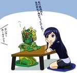  blue_eyes blue_hair cushion elbow_rest kamen_rider kamen_rider_gaim_(series) kamen_rider_ooo_(series) long_hair mezul multiple_girls open_mouth redol redyue seiza short_shorts shorts sitting table translation_request 