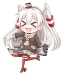 &gt;_&lt; :d amatsukaze_(kantai_collection) blush chibi closed_eyes dress full_body gloves grey_hair hair_tubes kantai_collection leg_up long_hair nichika_(nitikapo) open_mouth pointing rensouhou-kun sailor_dress single_glove smile solo standing standing_on_one_leg two_side_up white_gloves 