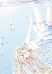  blonde_hair blue_eyes bubble dress long_hair looking_at_viewer original parted_lips shino_(syllable) solo underwater upside-down very_long_hair white_dress 