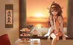  ahoge bare_shoulders barefoot brown_eyes brown_hair cake cup desk detached_sleeves double_bun dusk fish20107 food frilled_skirt frills hairband harbor headgear japanese_clothes kantai_collection kongou_(kantai_collection) leg_hug leg_up long_hair nontraditional_miko sitting skirt solo sunset teacup teapot tiered_tray wallpaper 