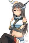  admiral_(kantai_collection) artist_name black_hair black_legwear blush brown_eyes crossed_arms crossed_legs dated detached_sleeves hand_on_another's_head kantai_collection long_hair nagato_(kantai_collection) navel ochazuke one_eye_closed petting sitting solo_focus thighhighs white_background 