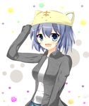  :d blue_eyes blue_hair borrowed_character casual fang gaius_(nikoniko2) hand_on_headwear hat looking_at_viewer open_mouth original short_hair smile solo 