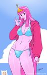  2014 adventure_time black_eyes breasts candy clothed clothing cloud crown female finn_the_human hair izra lollipop long_hair navel outside pink_hair princess princess_bubblegum royalty standing swimsuit 