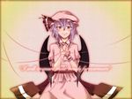  bat_wings blush bow fang fingernails hat lavender_hair long_fingernails mob_cap pink_shirt red_eyes red_string remilia_scarlet sepia_background sharp_fingernails shirt smile solo string thread touhou wings worthlessvalor wrist_cuffs 