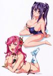  absurdres between_breasts blue_hair blush breasts celia_ootsuka cleavage competition_school_swimsuit hairband highres kneehighs large_breasts long_hair maken-ki! microphone multiple_girls nijou_aki one-piece_swimsuit open_mouth pink_eyes pink_hair ponytail pulled_by_self purple_eyes simple_background smile swimsuit swimsuit_pull takeda_hiromitsu white_background 