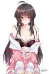  ahoge artist_name bangs bare_shoulders black_bra blush bow bow_bra bra breasts cleavage collarbone eyebrows_visible_through_hair highres iris_yuma large_breasts long_hair looking_at_viewer maett pajamas red_eyes solo soul_worker underwear 