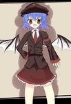  :d alternate_costume bat_wings blue_hair fang gaius_(nikoniko2) hand_on_hip hat highres looking_at_viewer necktie open_mouth red_eyes remilia_scarlet short_hair smile solo standing touhou wings 