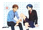  1girl androgynous anger_vein bad_id bad_pixiv_id bandages first_aid gekkan_shoujo_nozaki-kun green_eyes hanakan hori_masayuki kashima_yuu pleated_skirt polka_dot polka_dot_background reverse_trap school_uniform short_hair skirt socks_removed spoken_anger_vein spoken_sweatdrop sweatdrop 