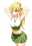  adjusting_hair ahoge alternate_hairstyle armpits arms_behind_head arms_up blonde_hair blush breasts cheerleader green_eyes highres hoshii_miki idolmaster idolmaster_(classic) kiu_(dear_deer) long_hair looking_at_viewer medium_breasts mouth_hold navel ponytail skirt solo stomach white_background 