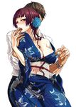  1girl blush breasts brown_eyes brown_hair cleavage flower hair_flower hair_ornament japanese_clothes kimono looking_at_viewer medium_breasts open_mouth original satou_saori solo_focus 