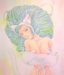  animal_ears bare_shoulders big_hair blue_eyes blue_hair breasts cat_ears cat_tail choker cleavage collarbone crossed_arms felicia head_tilt highres long_hair looking_at_viewer medium_breasts navel parted_lips paws pink_background solo tail traditional_media vampire_(game) watercolor_(medium) yuyu_(00365676) 