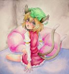  animal_ears bean_bag_chair brown_hair cat_ears cat_tail chen chestnut_mouth corner floor from_behind frown hat highres long_sleeves looking_at_viewer looking_back mob_cap multiple_tails nekomata on_floor open_mouth sitting solo tail touhou traditional_media two_tails wall watercolor_(medium) yellow_eyes yuyu_(00365676) 