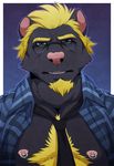  2014 aluminemsiren black_fur blonde_hair blue_eyes bust canine clothed clothing eyewear fur glasses hair half-dressed invalid_tag male mammal muscles necktie nipple_piercing nipples onyx_(character) onyxtanuki open_mouth open_shirt pecs piercing pink_nose portrait shirt solo tanuki 
