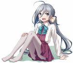  :d ahoge arm_support bad_id bad_pixiv_id bow bowtie front-seamed_legwear grey_eyes grey_hair kantai_collection kiyoshimo_(kantai_collection) legs_together long_sleeves looking_at_viewer no_shoes open_mouth pantyhose pleated_skirt seamed_legwear sitting skirt smile solo twintails white_background yuyuzuki_(yume_usagi) 