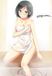  black_eyes black_hair blush breasts cleavage covering glasses kantai_collection kirishima_(kantai_collection) large_breasts looking_at_viewer nude_cover onsen short_hair smile solo sotogawa_max steam towel twitter_username wet 