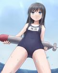  alternate_costume asashio_(kantai_collection) bad_id bad_pixiv_id bare_arms black_hair blue_eyes day from_below holding holding_torpedo kantai_collection long_hair looking_at_viewer ocean one-piece_swimsuit school_swimsuit sky solo swimsuit torpedo yuyuzuki_(yume_usagi) 