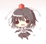  :d black_hair black_wings camera chibi fang feathered_wings full_body gaius_(nikoniko2) hat holding looking_at_viewer open_mouth shameimaru_aya short_hair smile solid_circle_eyes solo tokin_hat touhou translation_request wings 